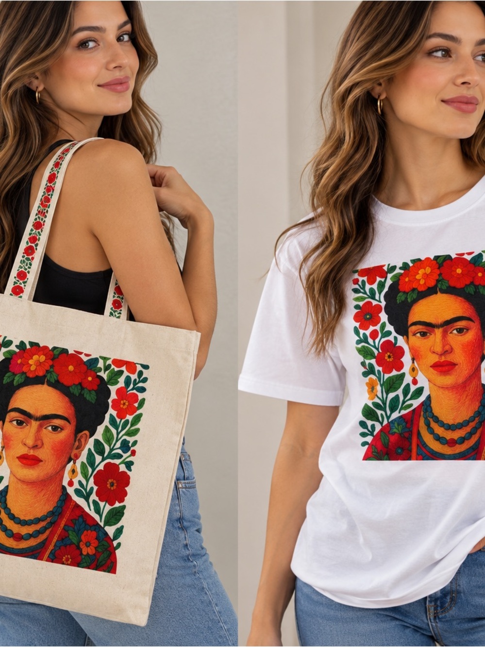 Bundle Canvas Tote Bag with  t-shirt Colorful Frida Kahlo Floral Print - Natural